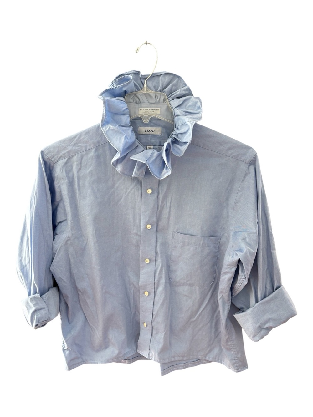 Ruffled Collar Blue Oxford Shirt for Women